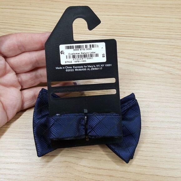 ALFANI Mens Bow Tie Blue Plaid Check Textured Adjustable Pre-Tied - Picture 3 of 4